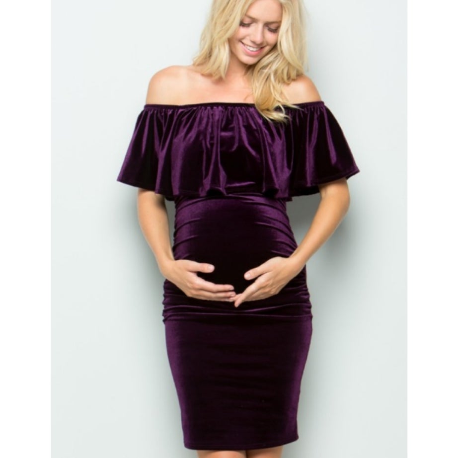 Purple Off Shoulder Velvet Maternity Dress | the Bump Shop at Gender Reveal  HD Ultrasound